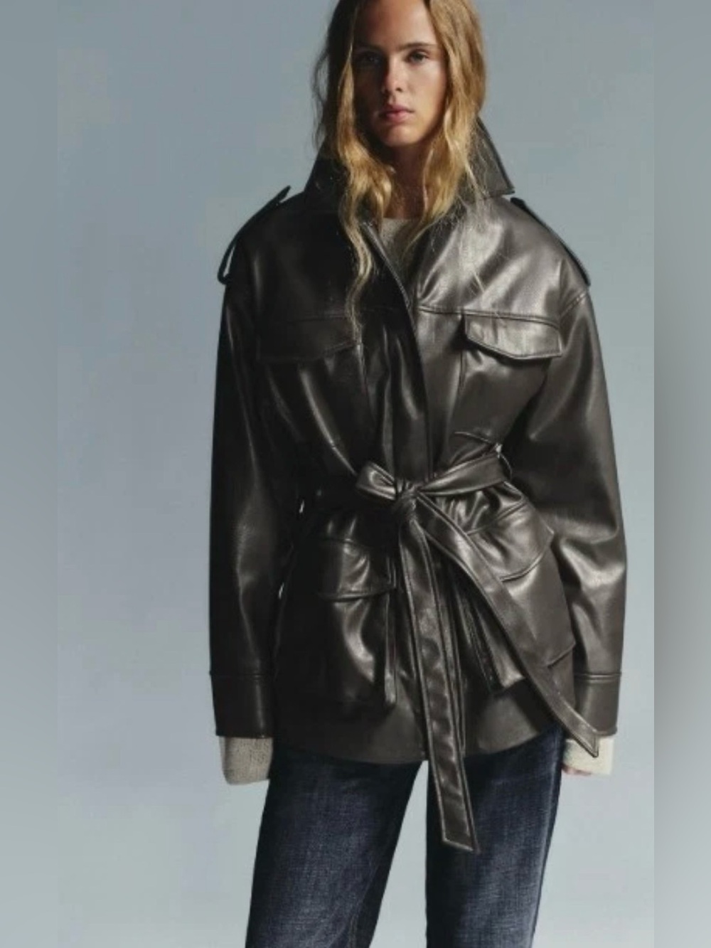 Zara Faux Leather pocket jacket. Women’s XS. Dark olive. New, with tag